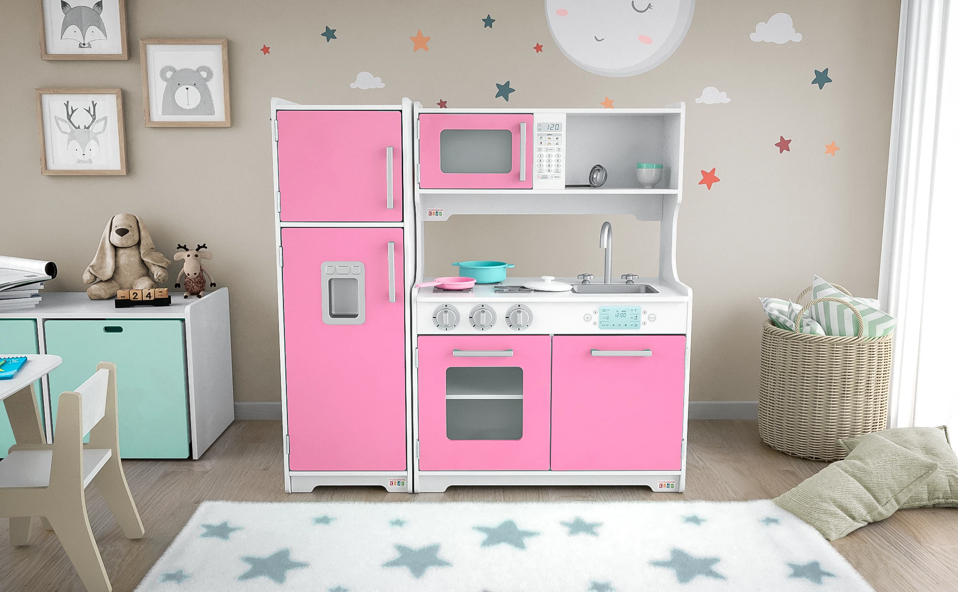 Cocinita de juguete standard con heladerita color rosa.